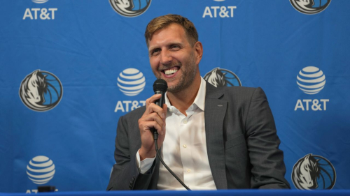 Naismith Memorial Basketball Hall of Fame 2023 Inductee Dirk Nowitzki smiles during a news conference Tuesday, Aug. 8, 2023, in Dallas. (AP Photo/LM Otero)