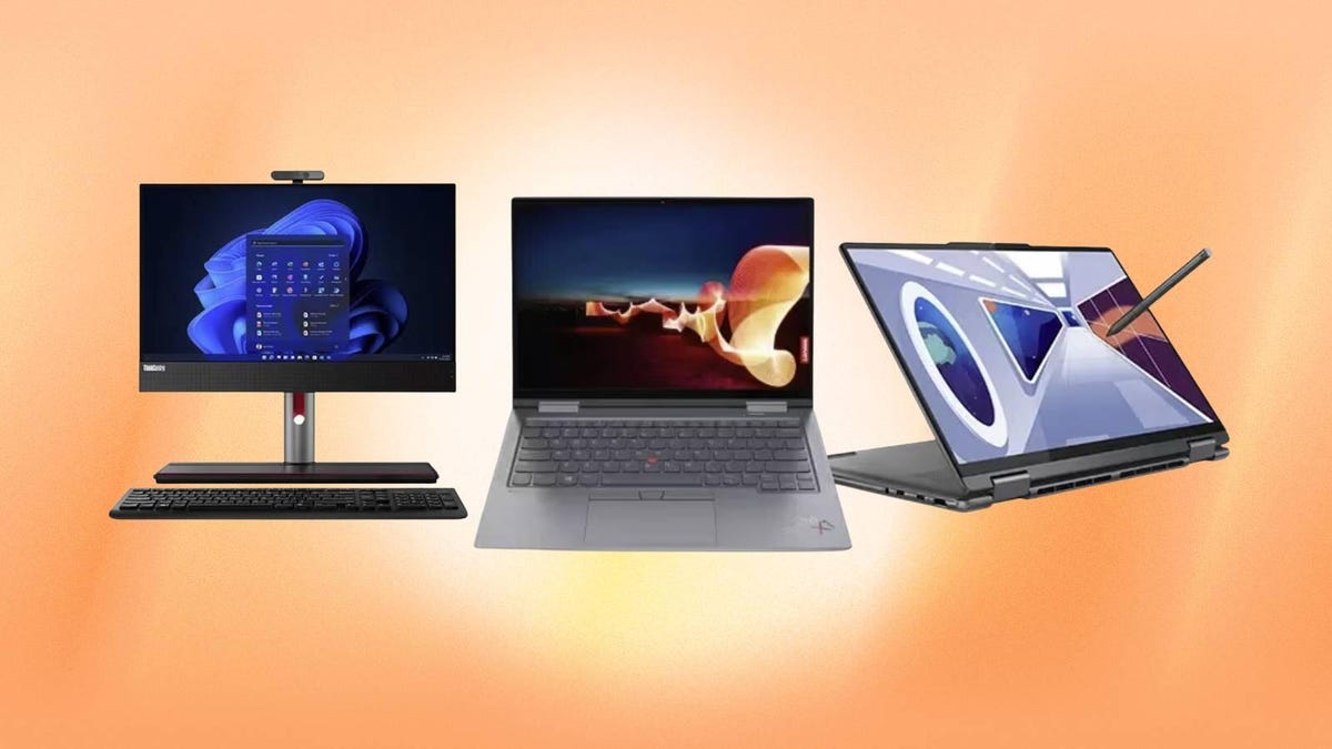 An all-in-one, laptop and 2-in-1 from Lenovo are displayed against an orange background.
