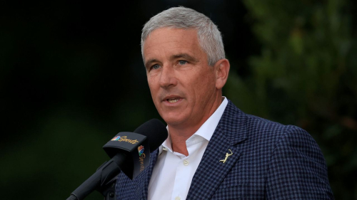 PONTE VEDRA BEACH, FLORIDA - MARCH 12: Jay Monahan, PGA TOUR Commissioner, speaks during the trophy ceremony during the final round of THE PLAYERS Championship on THE PLAYERS Stadium Course at TPC Sawgrass on March 12, 2023 in Ponte Vedra Beach, Florida. (Photo by Sam Greenwood/Getty Images)