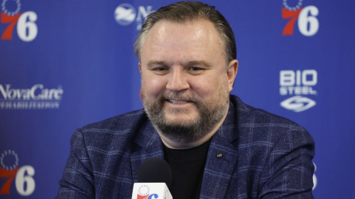 CAMDEN, NEW JERSEY - FEBRUARY 15: President of basketball operations Daryl Morey looks on during a press conference at the Seventy Sixers Practice Facility on February 15, 2022 in Camden, New Jersey. (Photo by Tim Nwachukwu/Getty Images) NOTE TO USER: User expressly acknowledges and agrees that, by downloading and or using this photograph, User is consenting to the terms and conditions of the Getty Images License Agreement.