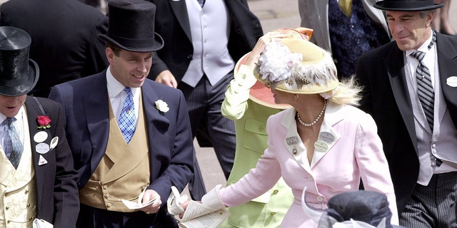 Prince Andrew in a suit and top hat speaking to a woman with a pink dress suit and straw hat as jeffrey epstein in a suit and top hat looks on