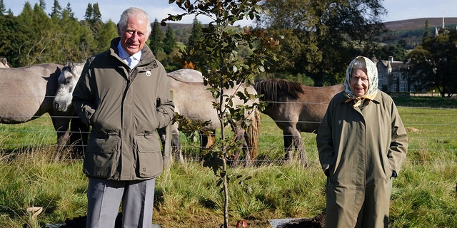 Prince Charles and Queen Elizabeth smiling in matching green outfits in a field