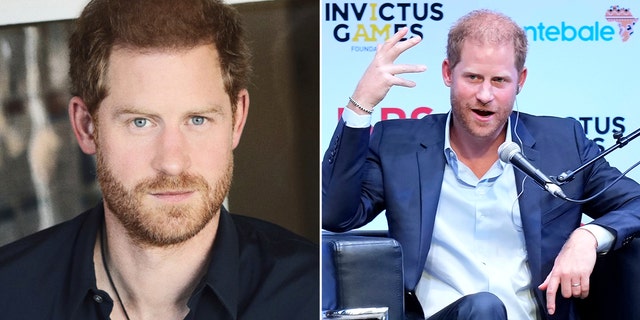 Split screen of Prince Harry from BetterUp website and Prince Harry on stage