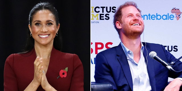 A side-by-side split photo of Meghan Markle and Prince Harry both smiling