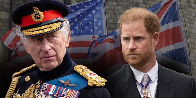 photo illustration of King Charles looking at Prince Harry