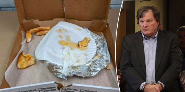 Image on left shows pizza box with partly eaten crust inside, right shows suspected serial killer Rex heuermann entering court wearing handcuffs, slacks, a buttondown shirt and a blazer