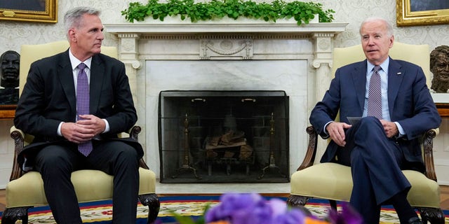 Speaker McCarthy, left, with President Biden, right, in Oval Office