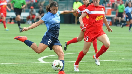 ROCHESTER, NY - JULY 19:  Samantha Kerr #20 of the Sky Blue FC shoots the ball around Brittany Taylor #13 of the Western New York Flash during the first half at Sahlen's Stadium on July 19, 2015 in Rochester, New York.  The Sky Blue FC and the Western New York Flash played to a 0-0 draw.
