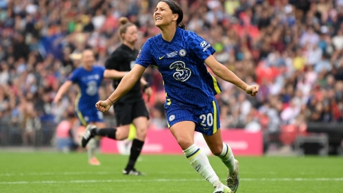 LONDON, ENGLAND - MAY 15: Sam Kerr of Chelsea celebrates after scoring their team's third goal during the Vitality Women's FA Cup Final match between Chelsea Women and Manchester City Women at Wembley Stadium on May 15, 2022 in London, England.