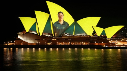 SYDNEY, AUSTRALIA - SEPTEMBER 05: Australian Olympian Sam Kerr  is  projected onto the Sydney Opera House on September 05, 2021 in Sydney, Australia. Images are reflected onto the sails of the Sydney Opera House to celebrate the 486 Australians that competed in the Tokyo 2020 Olympic Games, and 179 Australians that competed in the Tokyo 2020 Paralympic Games.
