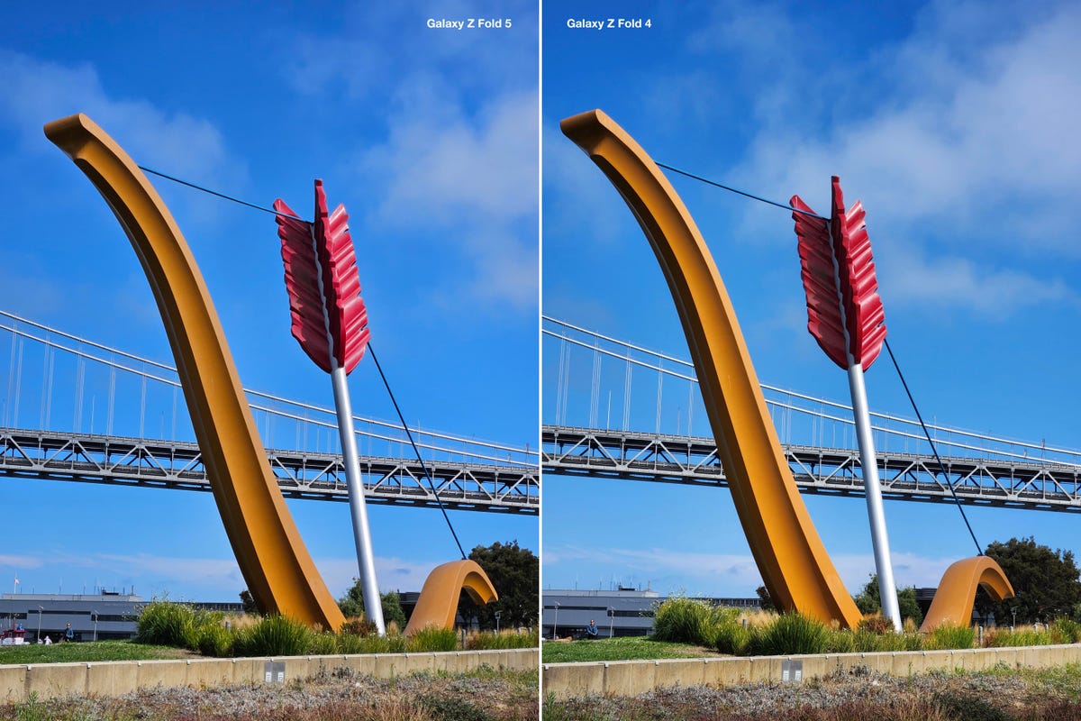 Side by side images of a large bow and arrow sculpture