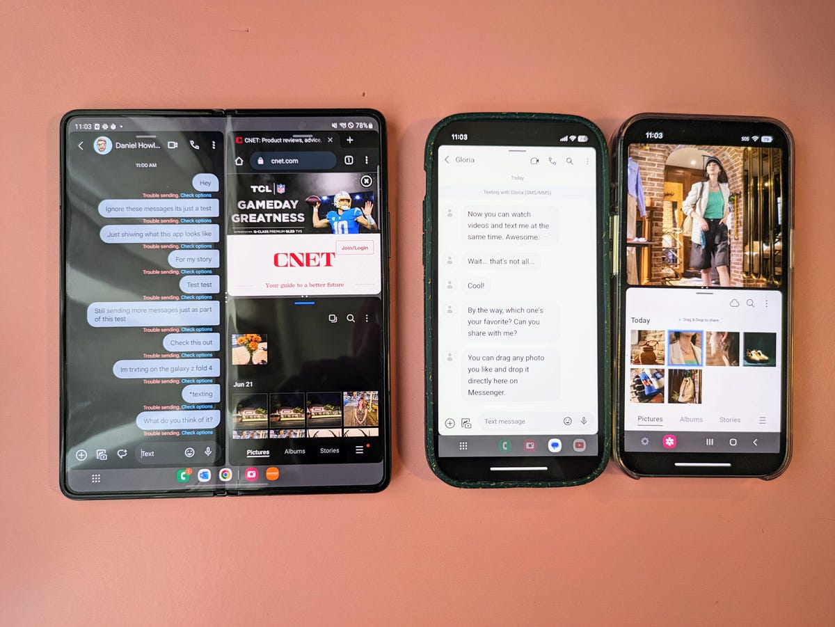 Samsung's Galaxy Z Fold 4 (left) and Samsung's Try Galaxy app running on two iPhones (right).