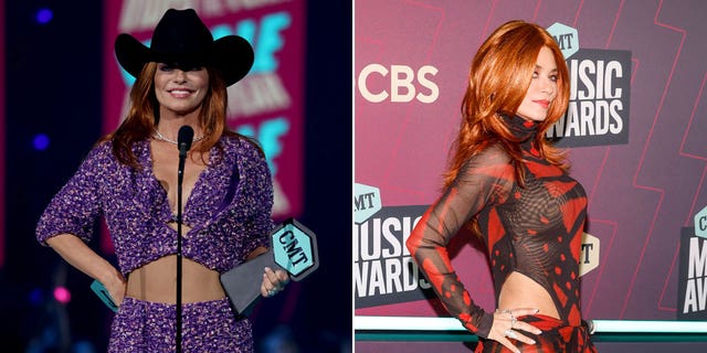 side by side of Shania Twain in a purple outfit showing her abs and a photo of Twain in a red and black outfit with cutout