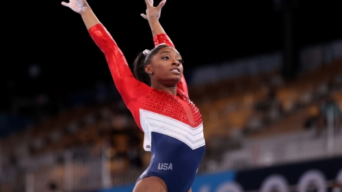 Biles competes on vault during the women's team final at the Tokyo Olympics. 