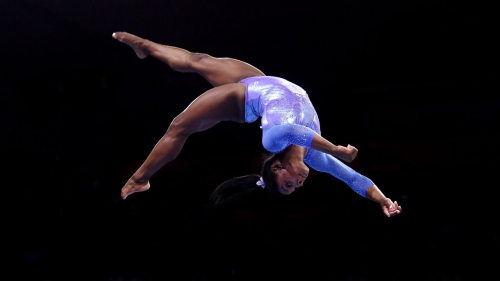 Biles competes on balance beam at the 2019 world championships in Stuttgart, Germany. 