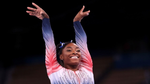 TOKYO, JAPAN - AUGUST 03: Simone Biles of Team United States in action during the Women's Balance Beam Final  on day eleven of the Tokyo 2020 Olympic Games at Ariake Gymnastics Centre on August 03, 2021 in Tokyo, Japan. (Photo by Laurence Griffiths/Getty Images)