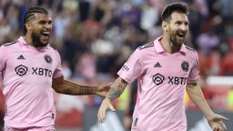 HARRISON, NEW JERSEY - AUGUST 26: Lionel Messi #10 of Inter Miami CF celebrates his goal with DeAndre Yedlin #2 in the second half during a match between Inter Miami CF and New York Red Bulls at Red Bull Arena on August 26, 2023 in Harrison, New Jersey. (Photo by Al Bello/Getty Images)