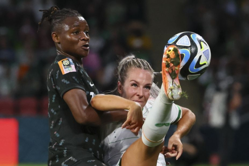 Ireland's Lily Agg, right, battles for the ball with Nigeria's Uchenna Kanu during a 0-0 draw on July 31.