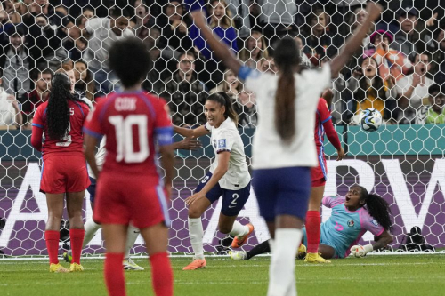France's Maëlle Lakrar celebrates after scoring her team's first goal against Panama. 