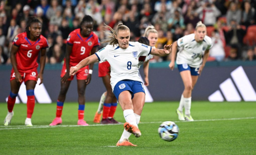 England's Georgia Stanway converts the winner against Haiti from the penalty spot.