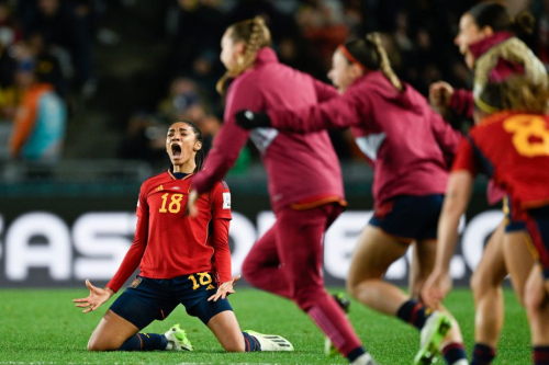 Spain's Salma Paralluelo celebrates as her teammates run onto the pitch after defeating Sweden 2-1 in the semifinal match on August 15. La Roja makes its first ever Women's World Cup final.