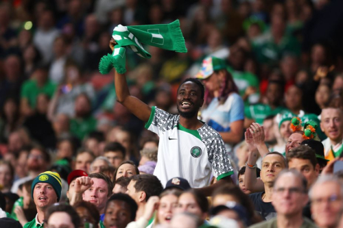 A fan shows support for the Nigerian team during the match in Brisbane, Australia.