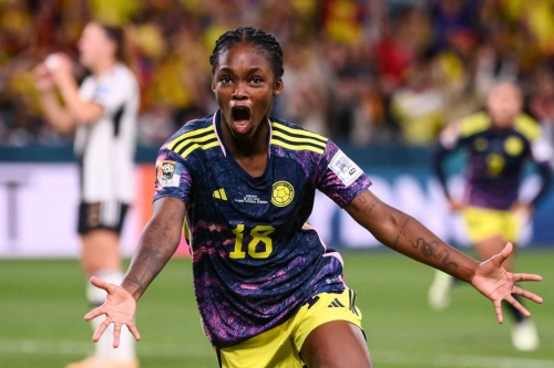 Linda Caicedo celebrates after scoring Colombia's opener against Germany.
