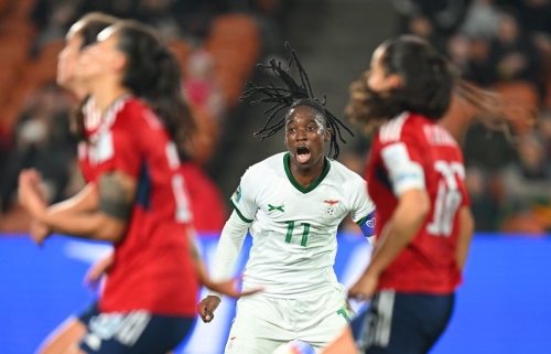 Zambia's Barbra Banda celebrates after scoring her team's second goal from the penalty spot.
