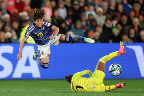 Aoba Fujino of Japan is brought down by Zambian goalkeeper Catherine Musonda, resulting in a penalty to Japan. It was later overturned due to offside.