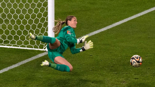 England's goalkeeper Mary Earps saves Jennifer Hermoso's penalty during the Women's World Cup final.