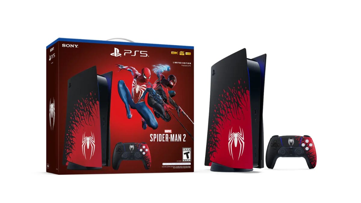 image of the spiderman limited edition ps5 console, box and controller