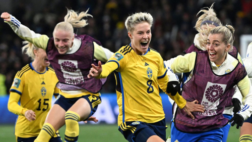 TOPSHOT - Sweden's forward #08 Lina Hurtig (C) and teammates celebrate their win during the Australia and New Zealand 2023 Women's World Cup round of 16 football match between Sweden and USA at Melbourne Rectangular Stadium in Melbourne on August 6, 2023. (Photo by WILLIAM WEST / AFP) (Photo by WILLIAM WEST/AFP via Getty Images)