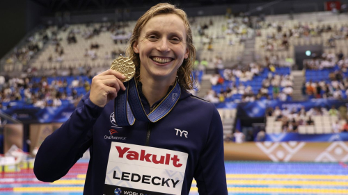 FUKUOKA, JAPAN - JULY 29:  Gold medallist Katie Ledecky of Team United States poses during the medal ceremony of the Women's 800m Freestyle Final on day seven of the Fukuoka 2023 World Aquatics Championships at Marine Messe Fukuoka Hall A on July 29, 2023 in Fukuoka, Japan. (Photo by Sarah Stier/Getty Images)