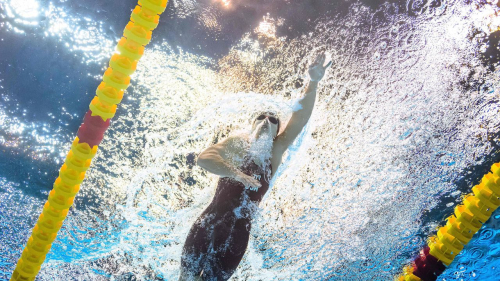 USA's Katie Ledecky competes on the way to win in the final of the women's 800m freestyle swimming event during the World Aquatics Championships in Fukuoka on July 29, 2023. (Photo by MANAN VATSYAYANA / AFP) (Photo by MANAN VATSYAYANA/AFP via Getty Images)