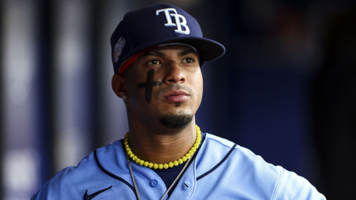 Wander Franco looks on from the dugout during the third inning of the Tampa Bay Rays' game against the Oakland Athletics at Tropicana Field on April 8.