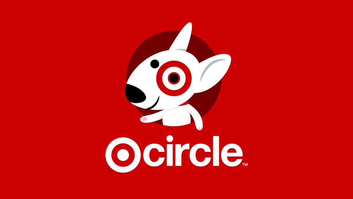 Target's dog mascot, logo and "circle" in white text against a red background.