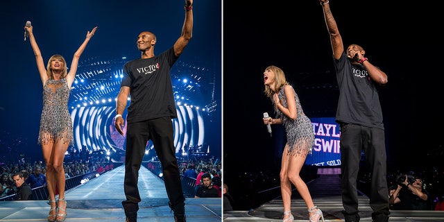 Taylor Swift with her arms raised during her 1989 tour in 2015 when Kobe Bryant walks on stage split Taylor looking shocked as Kobe points to the sky to show her a new banner in her honor