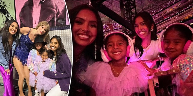 Vanessa Bryant in a purple skirt and Jean Jacket poses with Taylor Swift in her blue 'Midnight's era costume who poses with Bianka and Capri in matching outfits and Natalia holding Capri split Vanessa with her daughters watching Taylor Swift perform with her younger daughters wearing earphones