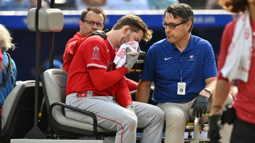 Jul 29, 2023; Toronto, Ontario, CAN;  Los Angeles Angels left fielder Taylor Ward (3) is taken off the field on a cart after being struck on the head by a pitch thrown by Toronto Blue Jays pitcher Alek Manoah in the fifth inning at Rogers Centre. Mandatory Credit: Dan Hamilton-USA TODAY Sports