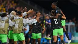 BRISBANE, AUSTRALIA - JULY 27: Uchenna Kanu (1st R) of Nigeria celebrates with teammates after scoring her team's first goal during the FIFA Women's World Cup Australia & New Zealand 2023 Group B match between Australia and Nigeria at Brisbane Stadium on July 27, 2023 in Brisbane / Meaanjin, Australia. (Photo by Justin Setterfield/Getty Images)