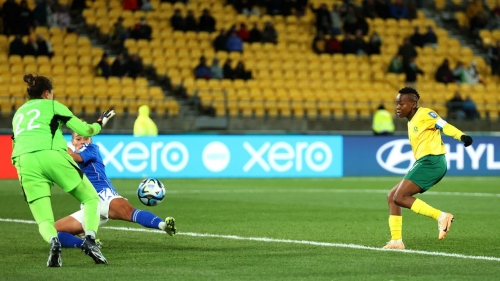 WELLINGTON, NEW ZEALAND - AUGUST 02: Thembi Kgatlana of South Africa scores her team's third goal during the FIFA Women's World Cup Australia & New Zealand 2023 Group G match between South Africa and Italy at Wellington Regional Stadium on August 02, 2023 in Wellington, New Zealand. (Photo by Lars Baron/Getty Images)