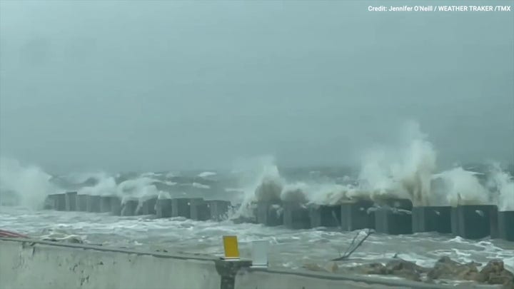 Strong waves seen battering Sanibel Island Causeway as Hurricane Idalia moves north.