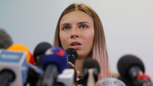 Belarusian Olympic athlete Krystsina Tsimanouskaya addresses a press conference on August 5, 2021 in Warsaw, one day after her arrival in Poland.