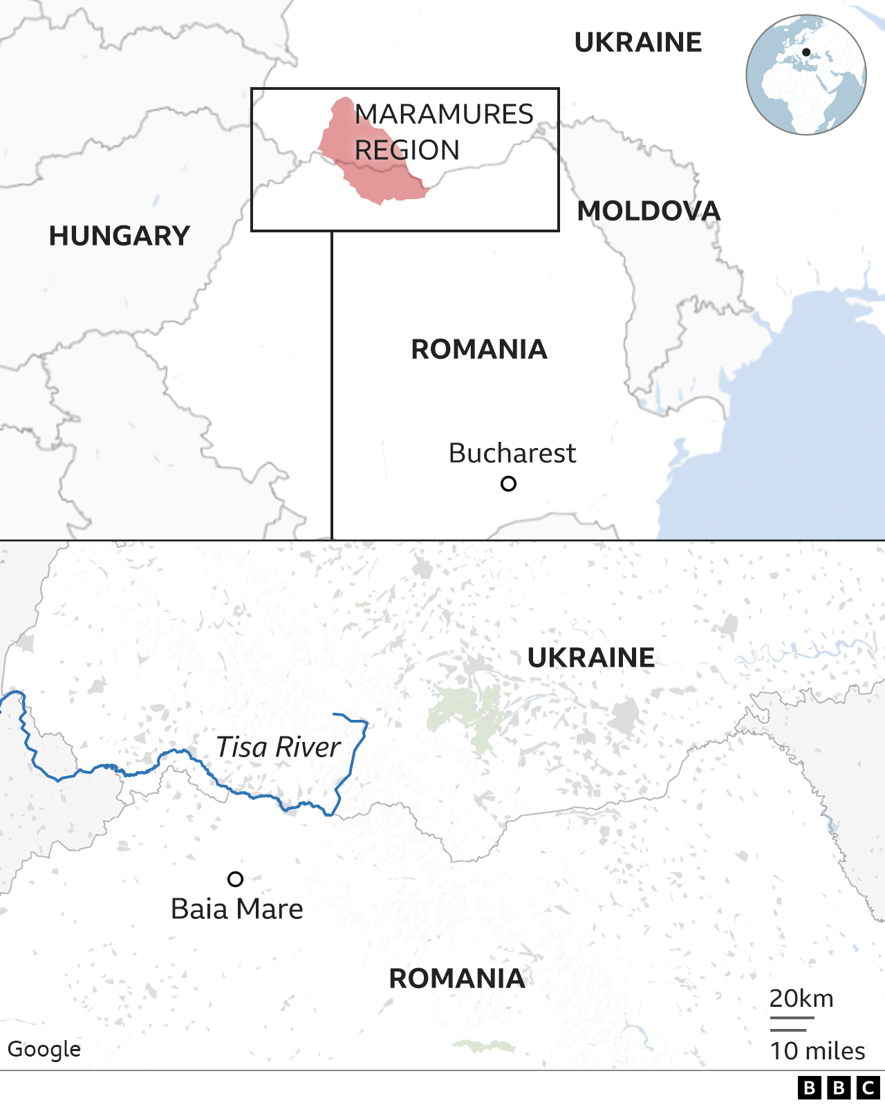 Map showing Romania border crossing area