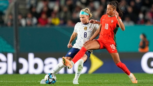 August 01 2023: Silva Jessica (Portugal) and Julie Ertz (USA) battle for the ball during a game, , at , , . Kim Price/CSM (Credit Image: © Kim Price/Cal Sport Media via AP Images)