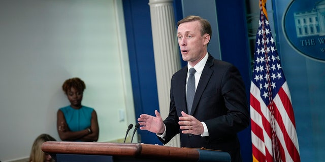 White House National Security Advisor Jake Sullivan addresses the press