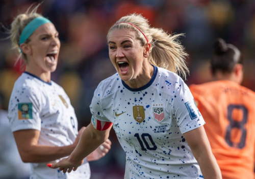 US midfielder Lindsey Horan celebrates after scoring against the Netherlands. It was her second goal of the tournament.