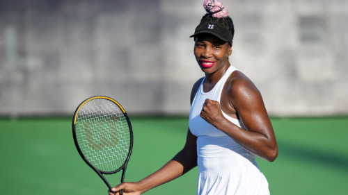 MASON, OHIO - AUGUST 14: Venus Williams of the United States celebrates winning the match point against Veronika Kudermetova of Russia during their second-round match at the Western & Southern Open at Lindner Family Tennis Center on August 14, 2023 in Mason, Ohio. (Photo by Aaron Doster/Getty Images)