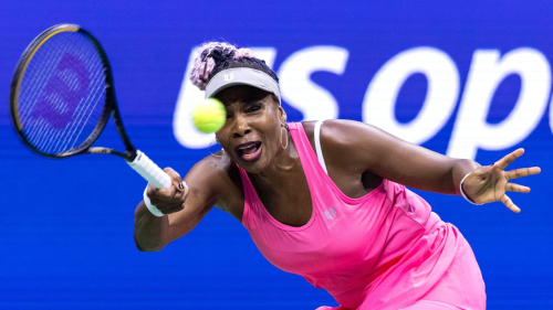 USA's Venus Williams plays a forehand return against Belgium's Greet Minnen during the US Open tennis tournament women's singles first round match at the USTA Billie Jean King National Tennis Center in New York City, on August 29, 2023. (Photo by COREY SIPKIN / AFP) (Photo by COREY SIPKIN/AFP via Getty Images)