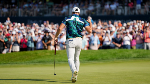 OLYMPIA FIELDS, ILLINOIS - AUGUST 20: Viktor Hovland of Norway reacts after making birdie on the 18th green during the final round of the BMW Championship at Olympia Fields Country Club on August 20, 2023 in Olympia Fields, Illinois. (Photo by Dylan Buell/Getty Images)